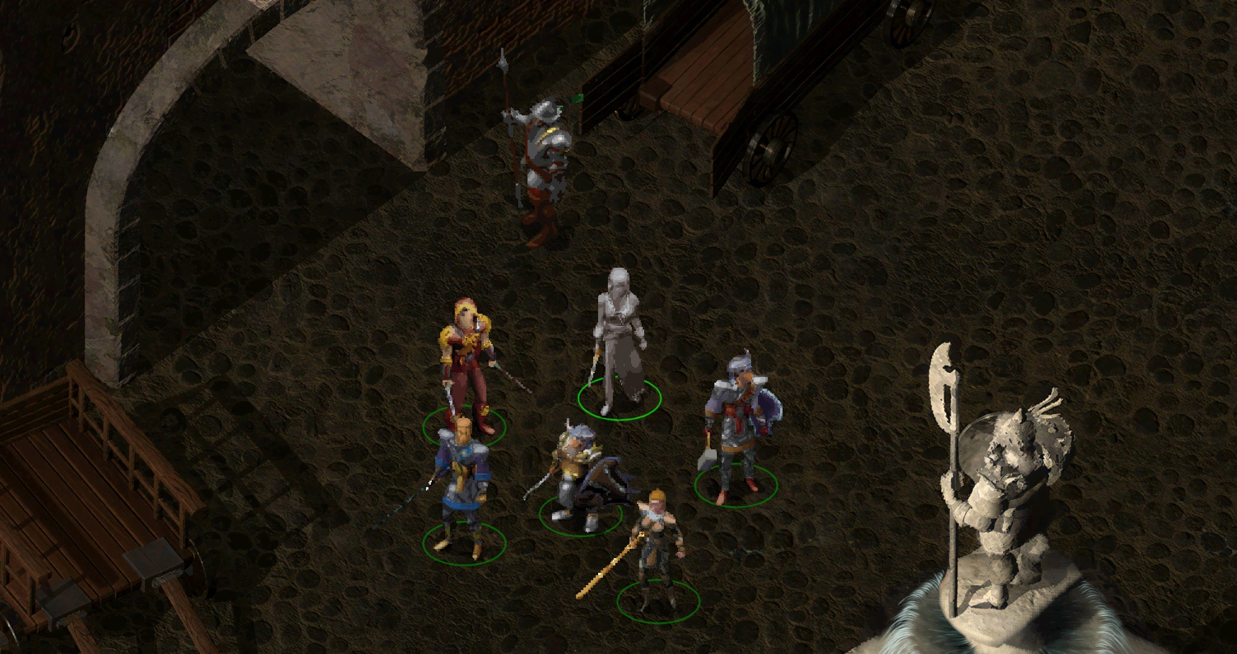 Groupe de sept personnages et une statue en jeu, avec les sprites ReboutCX ×2 et la carte x4