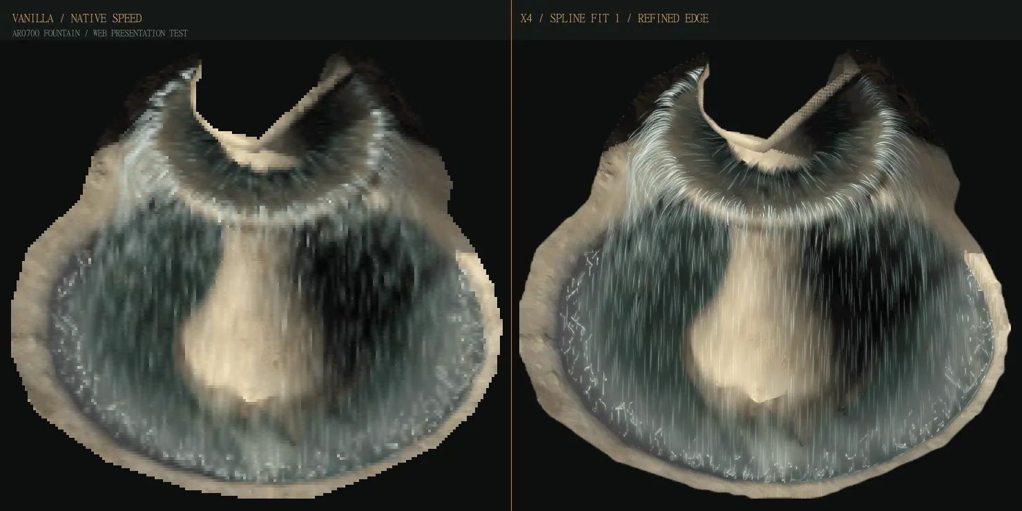 Présentation animée comparant la fontaine AR0700 native à sa version x4 interpolée avec un contour Spline Fit 1 raffiné