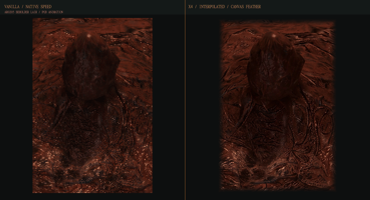 Animated presentation comparing the native AR0205 pod with its x4 interpolated version using the validated canvas feather