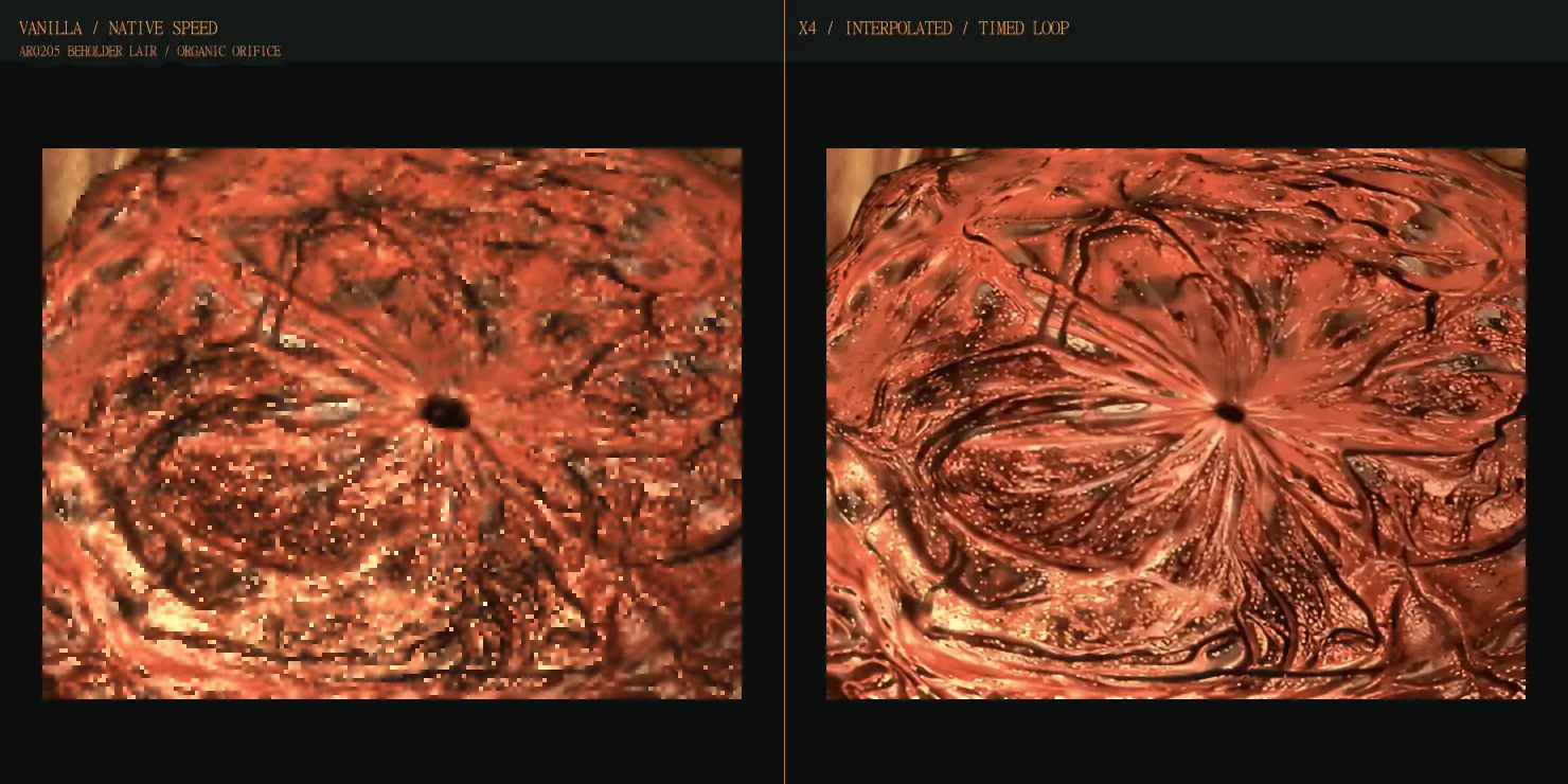 Présentation animée comparant l’orifice organique AR0205 natif à sa version x4 interpolée, avec correction web des micro-trous du masque alpha source