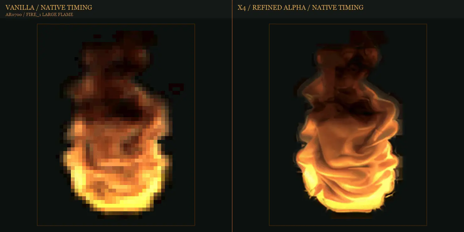 Présentation animée comparant la grande flamme AR0700 native à sa version x4 avec un contour alpha lissé et légèrement resserré