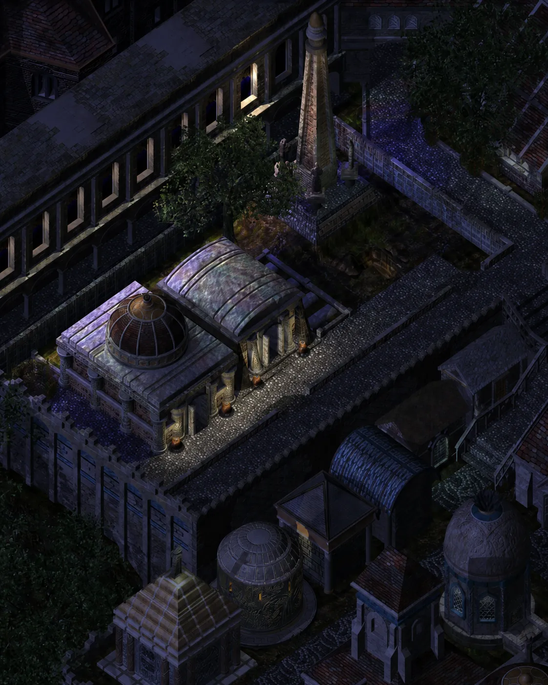 Cimetière AR0800 de nuit upscalé, avec mausolées de pierre éclairés et obélisque